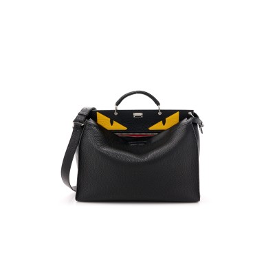FENDI CUOIO ROMANO SELLERIA MONSTER EYES INLAY LARGE PEEKABOO SATCHEL BLACK SUNFLOWER (42*34*18cm)